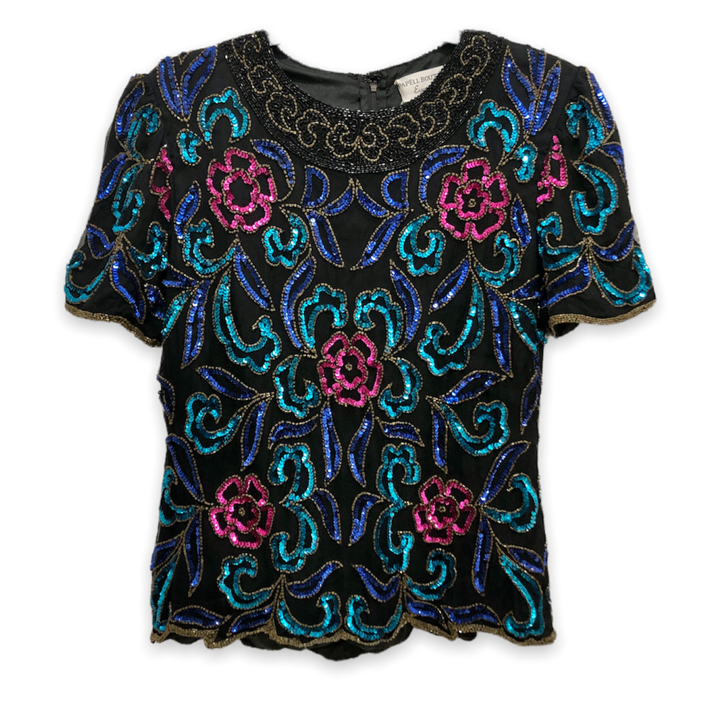 Vintage 80s Papell Boutique Evening Beaded Top Petite Medium Silk Floral Blouse